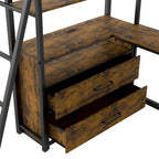 Lit mezzanine noir en métal et bois, taille double, avec bureau et étagères, deux tiroirs intégrés, éclairage LED et station de charge USB