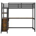 Lit mezzanine noir en métal et bois, taille double, avec bureau et étagères, deux tiroirs intégrés, éclairage LED et station de charge USB