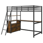 Lit mezzanine noir en métal et bois, taille double, avec bureau et étagères, deux tiroirs intégrés, éclairage LED et station de charge USB