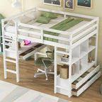 Lit mezzanine blanc en pin de taille standard avec bureau et tiroirs intégrés
