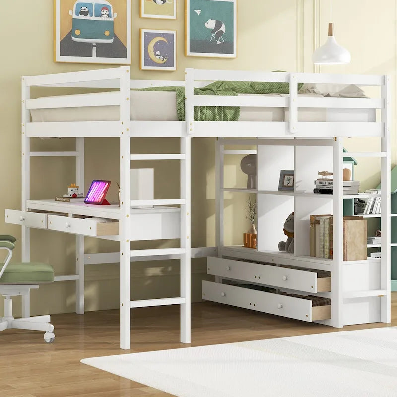 Lit mezzanine blanc en pin de taille standard avec bureau et tiroirs intégrés