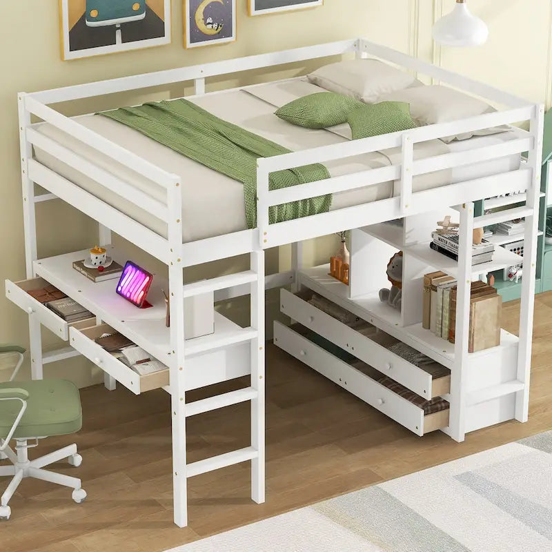 Lit mezzanine blanc en pin de taille standard avec bureau et tiroirs intégrés