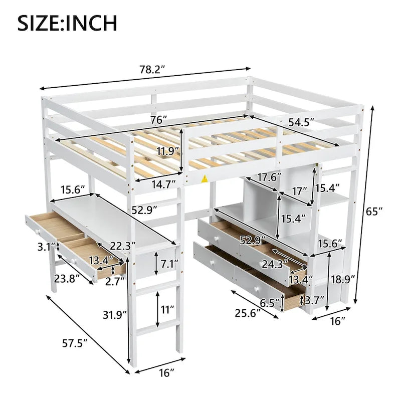 Lit mezzanine blanc en pin de taille standard avec bureau et tiroirs intégrés