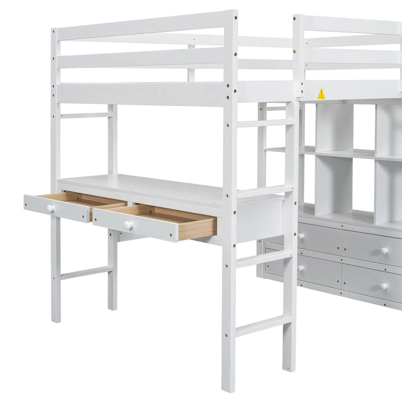 Lit mezzanine blanc en pin de taille standard avec bureau et tiroirs intégrés