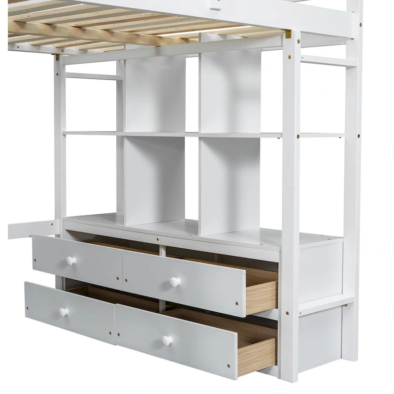Lit mezzanine blanc en pin de taille standard avec bureau et tiroirs intégrés