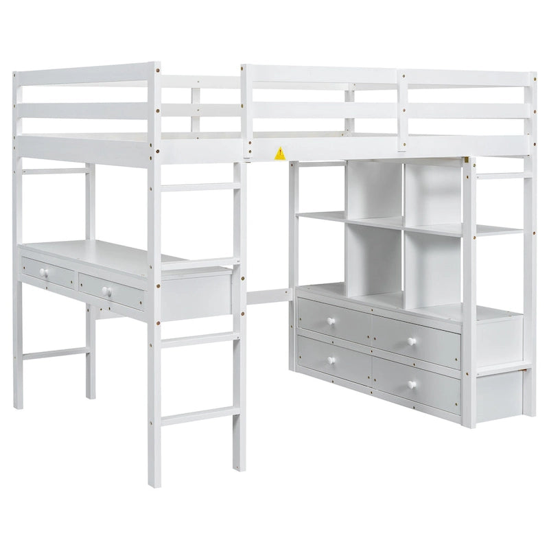 Lit mezzanine blanc en pin de taille standard avec bureau et tiroirs intégrés