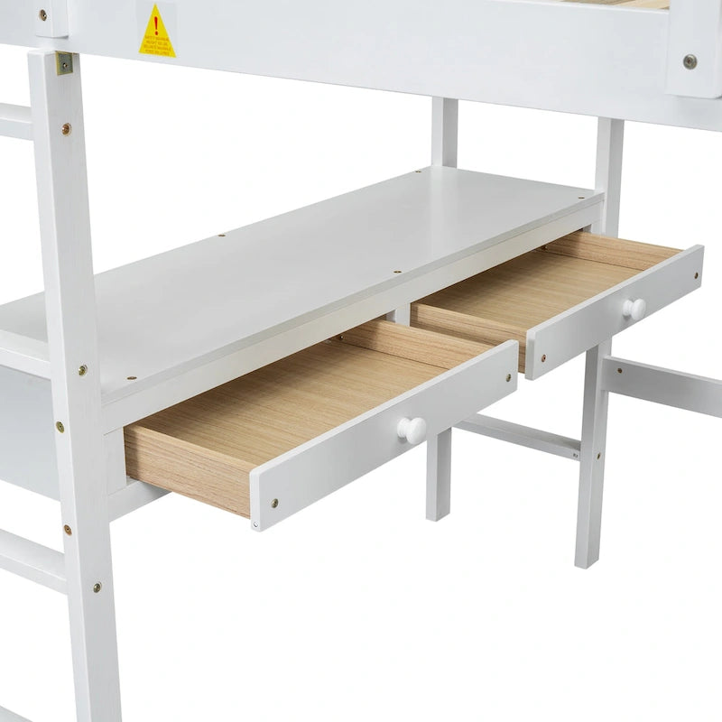 Lit mezzanine blanc en pin de taille standard avec bureau et tiroirs intégrés