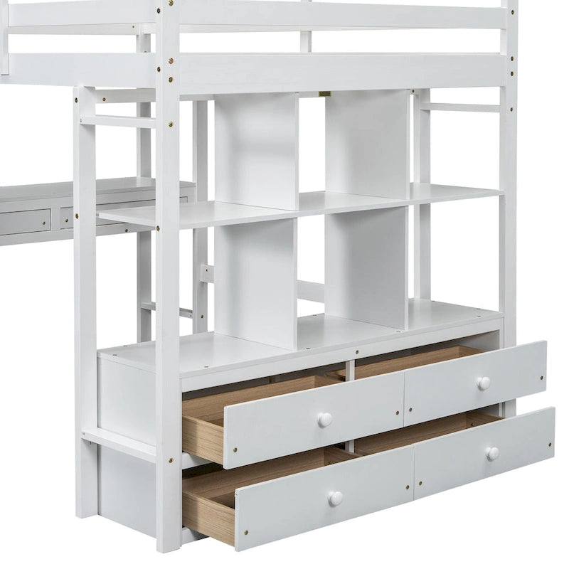 Lit mezzanine blanc en pin de taille standard avec bureau et tiroirs intégrés