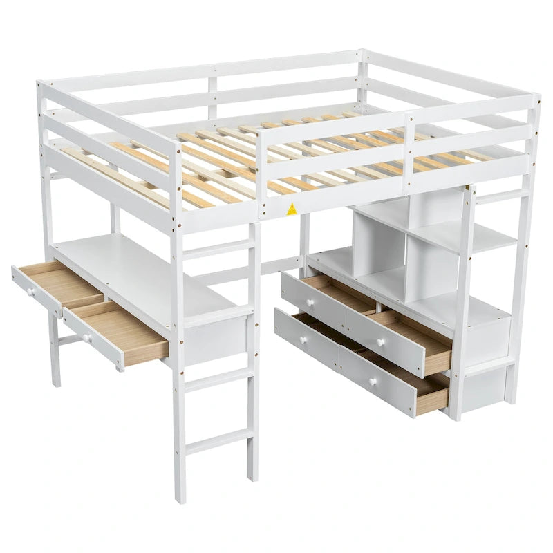 Lit mezzanine blanc en pin de taille standard avec bureau et tiroirs intégrés