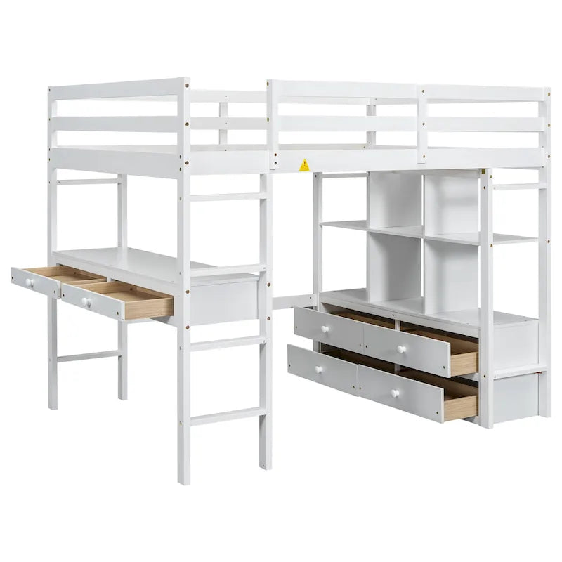 Lit mezzanine blanc en pin de taille standard avec bureau et tiroirs intégrés