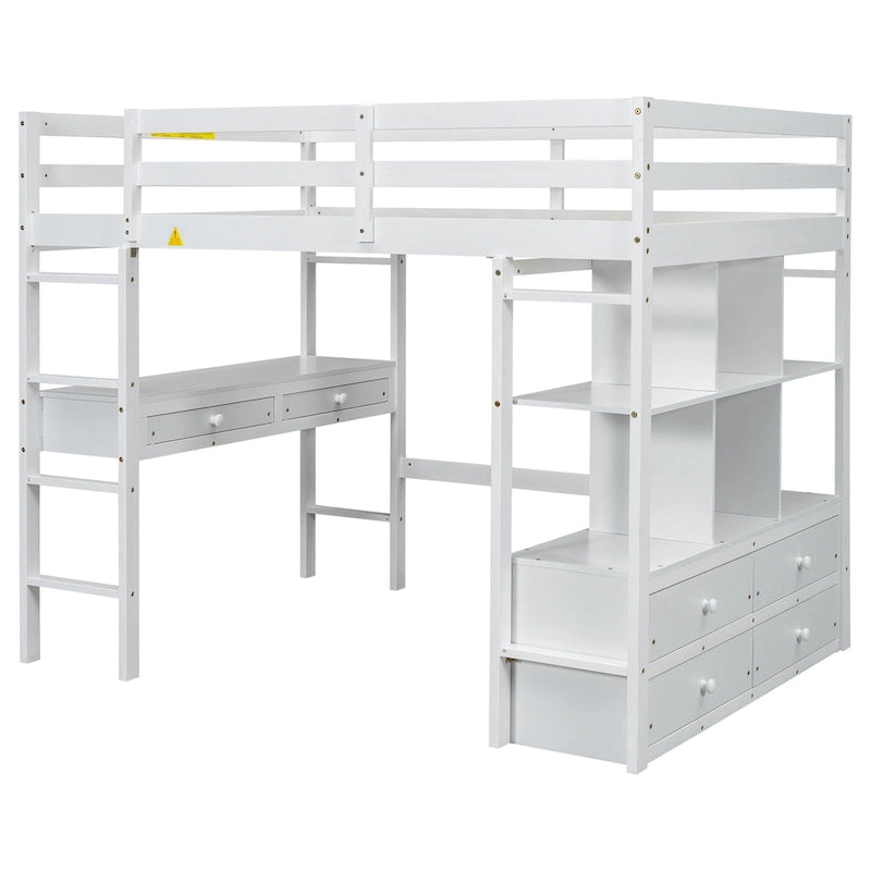 Lit mezzanine blanc en pin de taille standard avec bureau et tiroirs intégrés