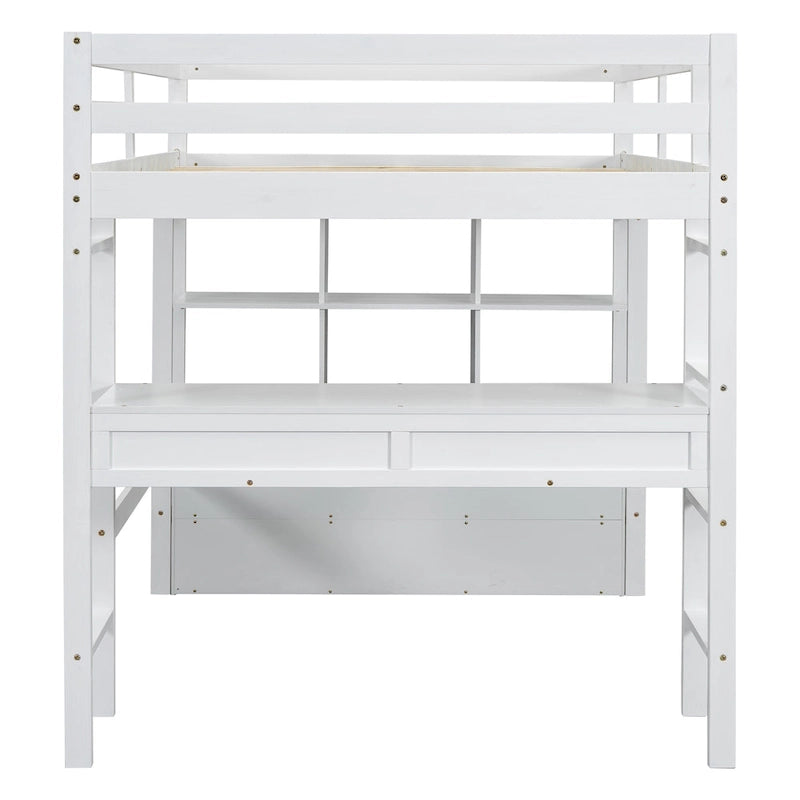 Lit mezzanine blanc en pin de taille standard avec bureau et tiroirs intégrés