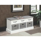 Banc de rangement gris et blanc bicolore avec tiroirs et paniers en bois