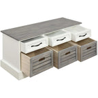 Banc de rangement gris et blanc bicolore avec tiroirs et paniers en bois