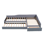 Lit de repos double en forme de L avec lit gigogne, lit de repos rembourré avec tiroir de rangement, lit plateforme double jumeau pour chambre à coucher