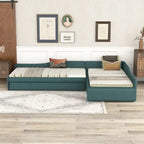 Lit de repos double en forme de L avec lit gigogne, lit de repos rembourré avec tiroir de rangement, lit plateforme double jumeau pour chambre à coucher