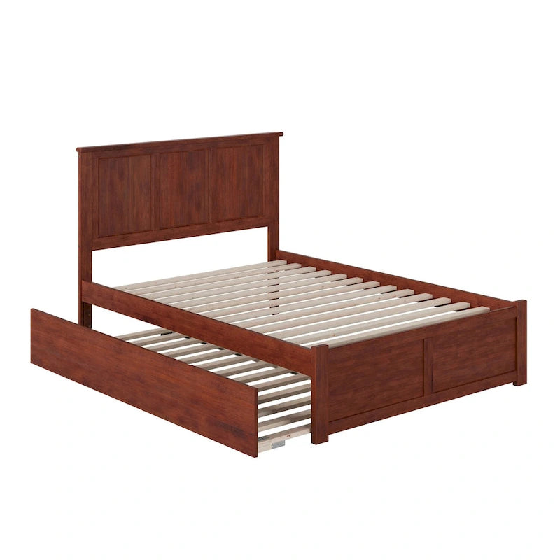 Lit plateforme double avec pied de lit et lit gigogne simple, fini noyer