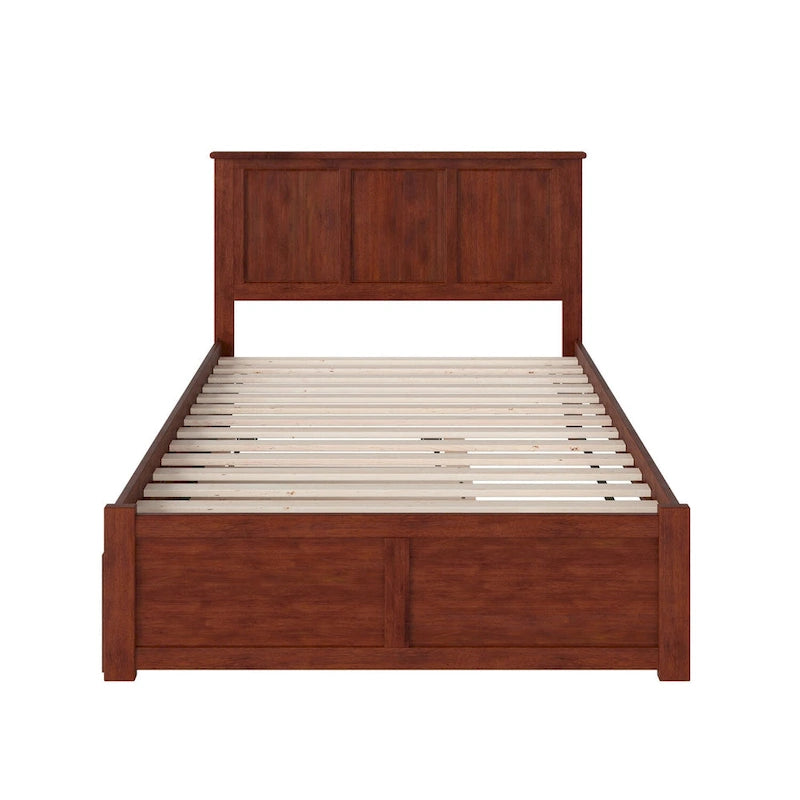 Lit plateforme double avec pied de lit et lit gigogne simple, fini noyer