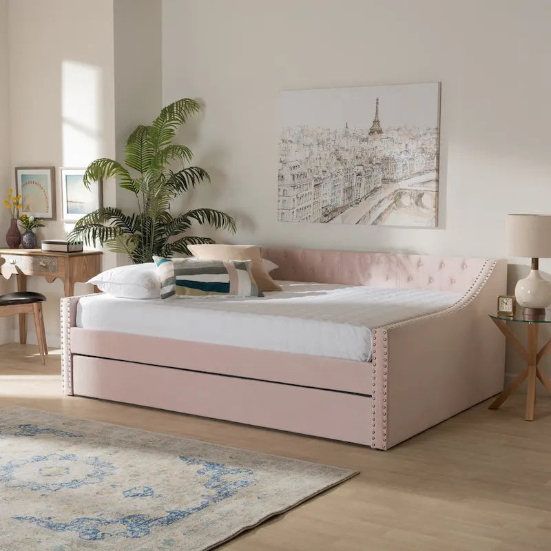 Lit de repos moderne en velours avec lit gigogne, taille double