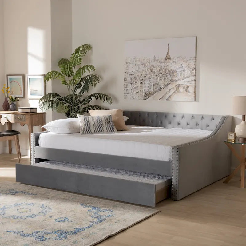 Lit de repos moderne en velours avec lit gigogne, taille double