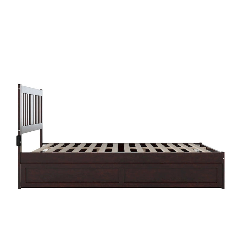 Lit plateforme Queen avec lit gigogne double XL, finition en bois espresso