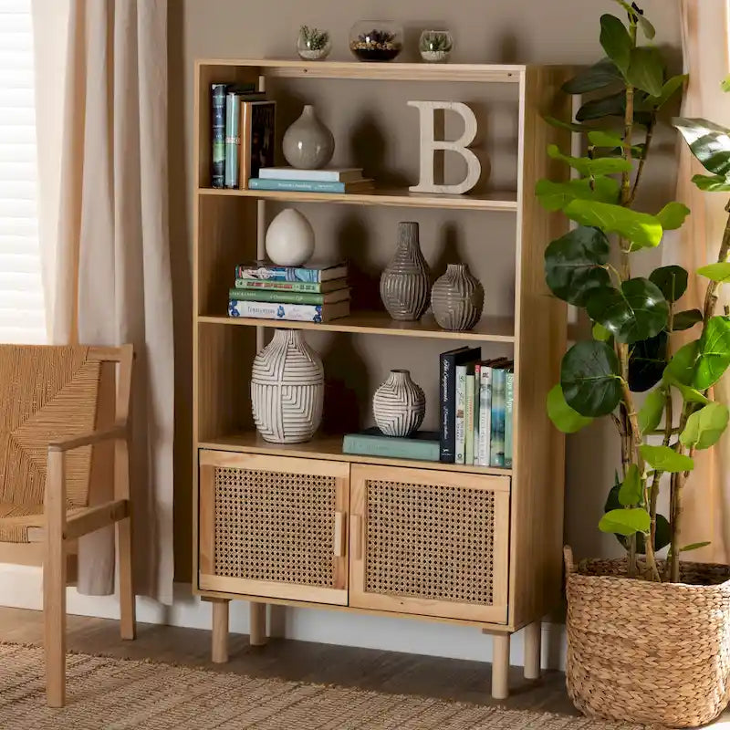 Bibliothèque en bois moderne du milieu du siècle, finition brun naturel