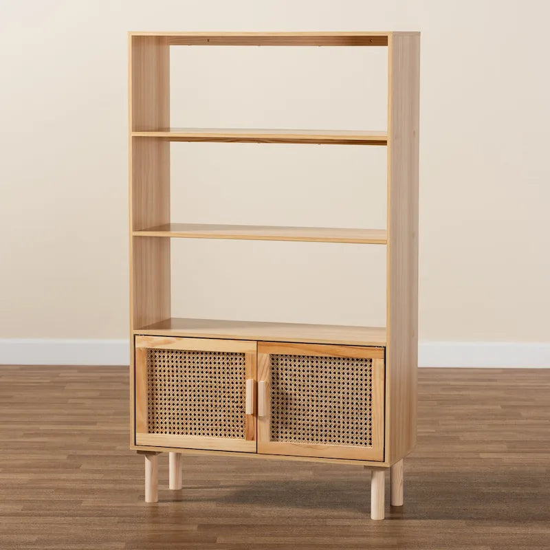 Bibliothèque en bois moderne du milieu du siècle, finition brun naturel