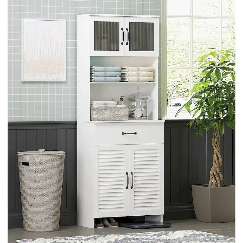 Meuble autoportant Spirich avec espace de rangement supérieur et inférieur fermé, armoire haute avec portes et tiroir Blanc