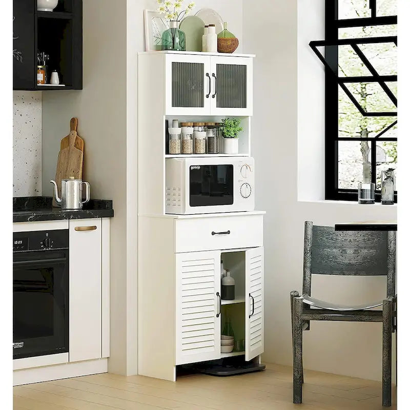 Meuble autoportant Spirich avec espace de rangement supérieur et inférieur fermé, armoire haute avec portes et tiroir Blanc