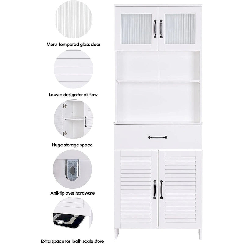 Meuble autoportant Spirich avec espace de rangement supérieur et inférieur fermé, armoire haute avec portes et tiroir Blanc