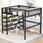 Full Size Metal Loft Bed with 4-Tier Shelves and Storage, Black