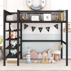Lit mezzanine double en métal avec étagères à 4 niveaux et rangement, noir