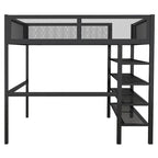 Lit mezzanine double en métal avec étagères à 4 niveaux et rangement, noir