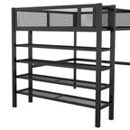 Lit mezzanine double en métal avec étagères à 4 niveaux et rangement, noir