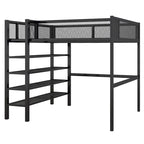 Lit mezzanine double en métal avec étagères à 4 niveaux et rangement, noir