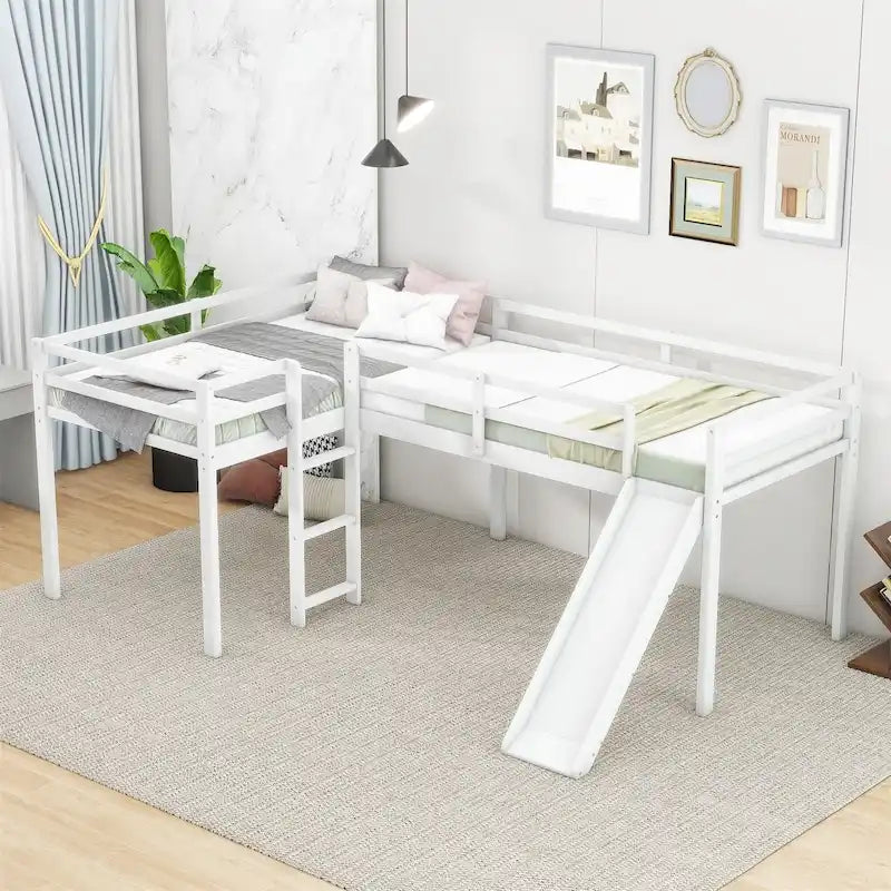 Lit mezzanine simple en bois en forme de L Merax avec échelle et toboggan
