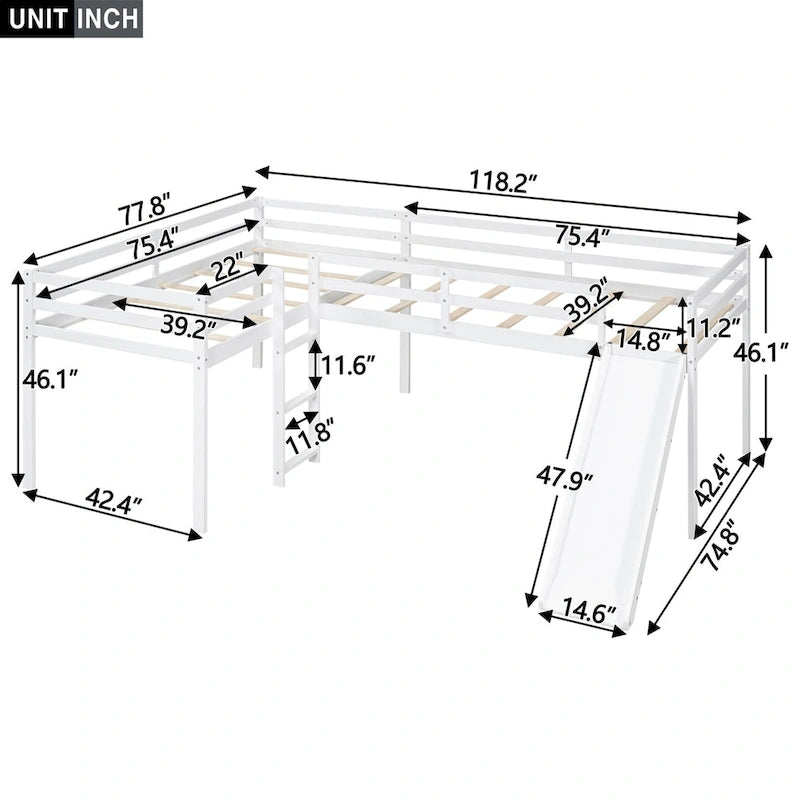 Lit mezzanine simple en bois en forme de L Merax avec échelle et toboggan