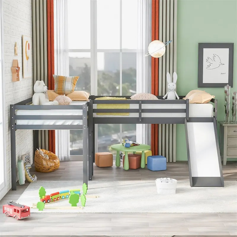 Lit mezzanine simple en bois en forme de L Merax avec échelle et toboggan