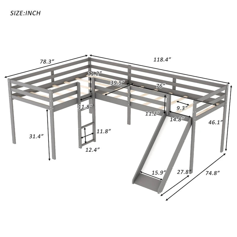 Lit mezzanine simple en bois en forme de L Merax avec échelle et toboggan