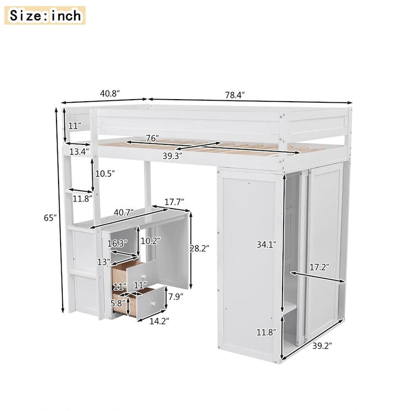 Lit mezzanine en bois Merax avec armoires et bureau à 2 tiroirs avec armoire de rangement