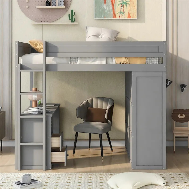 Lit mezzanine en bois Merax avec armoires et bureau à 2 tiroirs avec armoire de rangement