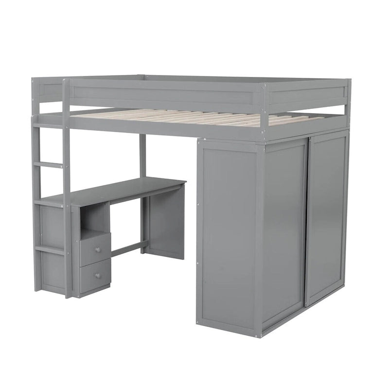 Lit mezzanine en bois Merax avec armoires et bureau à 2 tiroirs avec armoire de rangement