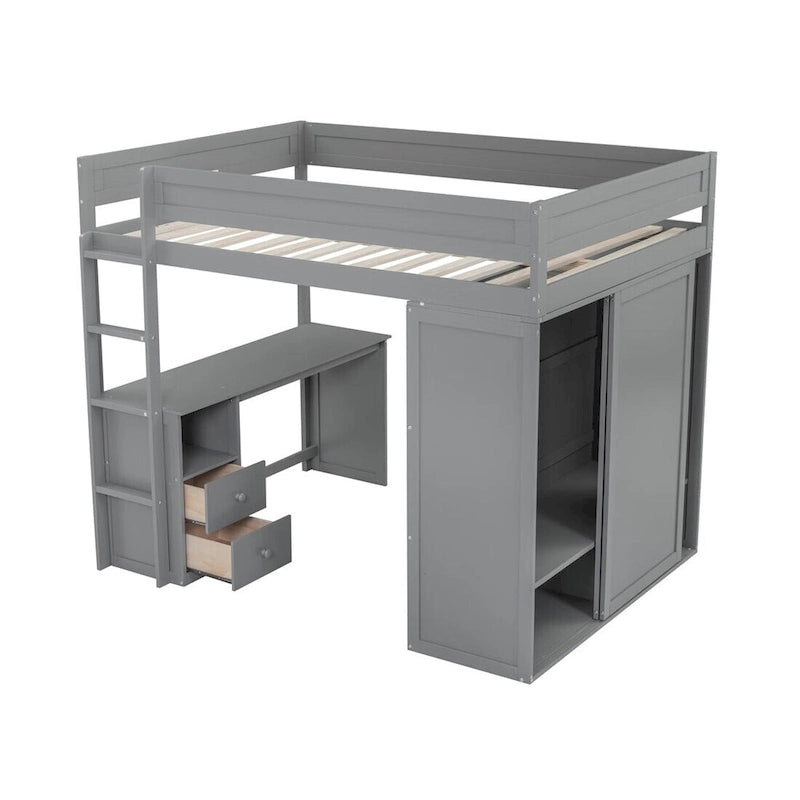 Lit mezzanine en bois Merax avec armoires et bureau à 2 tiroirs avec armoire de rangement