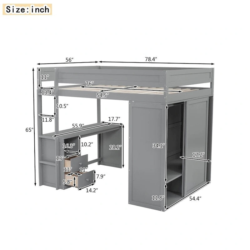 Lit mezzanine en bois Merax avec armoires et bureau à 2 tiroirs avec armoire de rangement