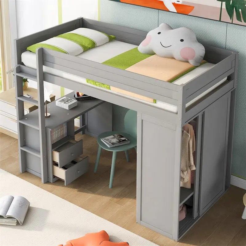 Lit mezzanine en bois Merax avec armoires et bureau à 2 tiroirs avec armoire de rangement