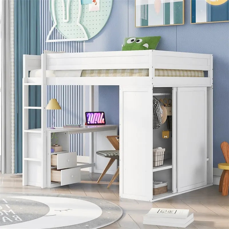 Lit mezzanine en bois Merax avec armoires et bureau à 2 tiroirs avec armoire de rangement