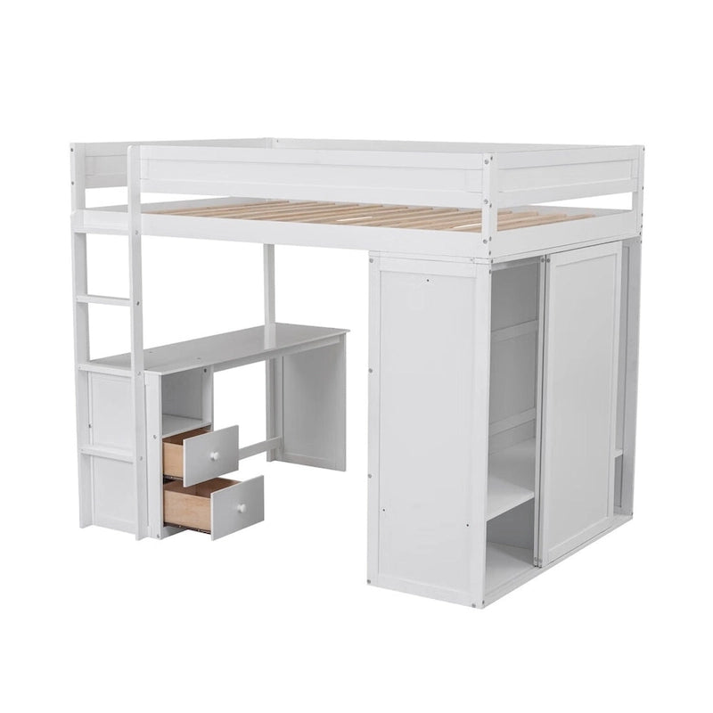 Lit mezzanine en bois Merax avec armoires et bureau à 2 tiroirs avec armoire de rangement