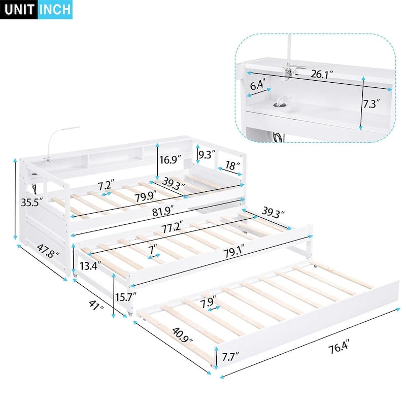 Lit de repos double XL en bois avec 2 lits gigognes, 3 compartiments de rangement et port de chargement USB