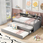 Lit de repos double XL en bois avec 2 lits gigognes, 3 compartiments de rangement et port de chargement USB