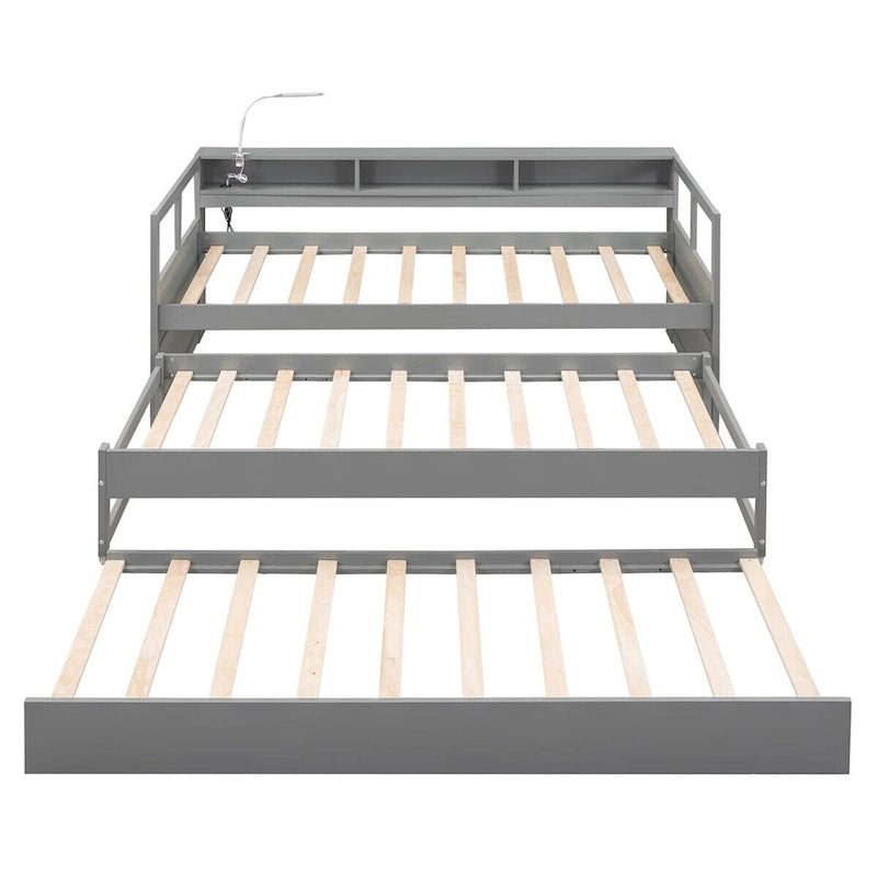 Lit de repos double XL en bois avec 2 lits gigognes, 3 compartiments de rangement et port de chargement USB
